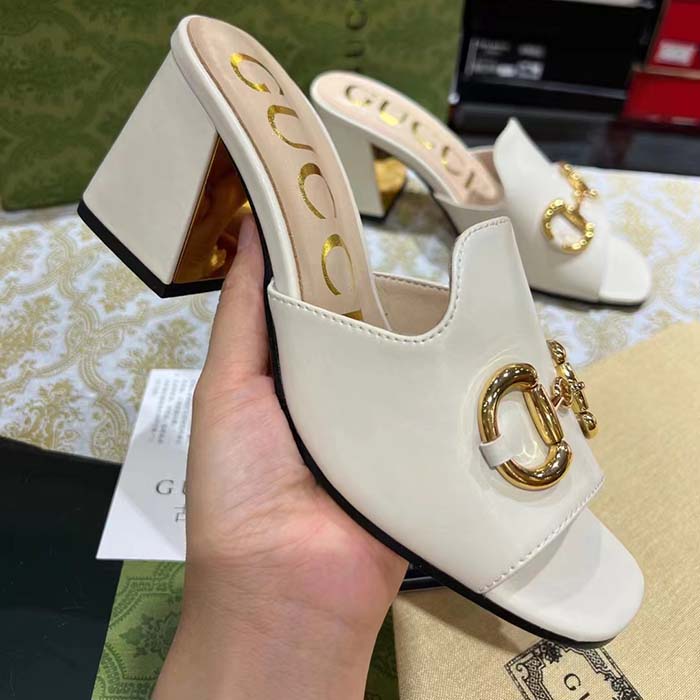 G*u*i women gg slide sandal horsebit white leather metal heel leather sole mid-heel