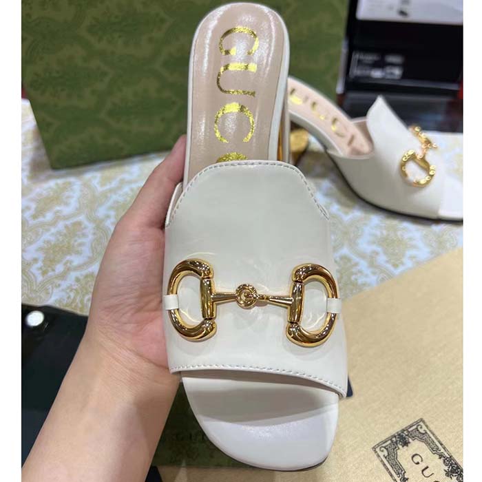 G*u*i women gg slide sandal horsebit white leather metal heel leather sole mid-heel