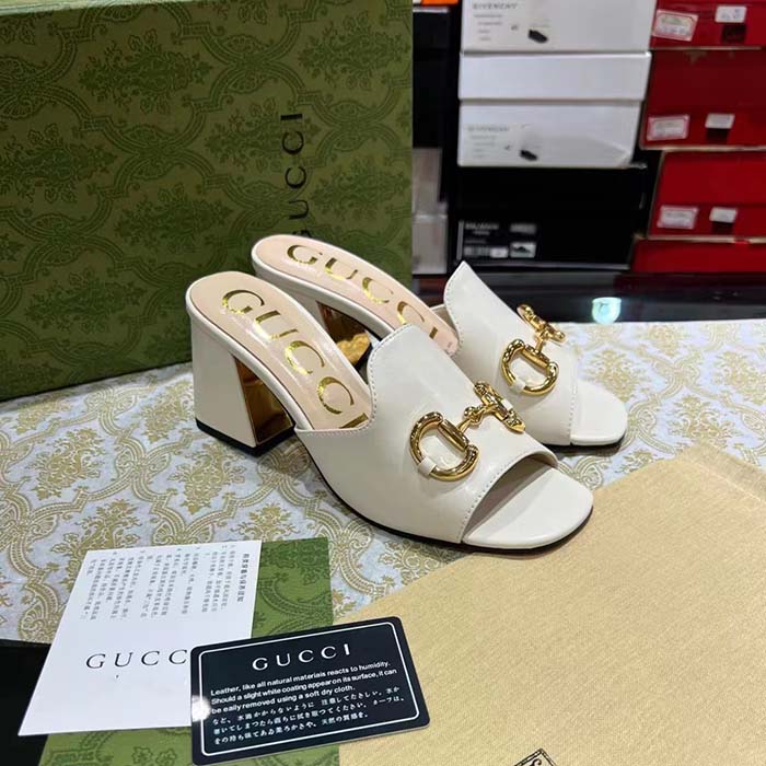 G*u*i women gg slide sandal horsebit white leather metal heel leather sole mid-heel