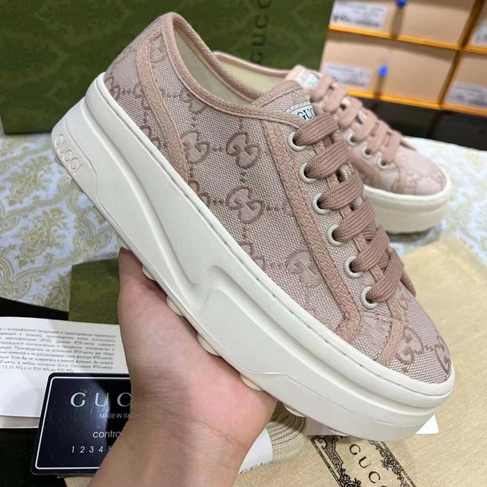 G*u*i women gg sneaker pink original canvas rubber interlocking g lace-up flat