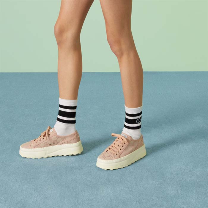 G*u*i women gg sneaker pink original canvas rubber interlocking g lace-up flat