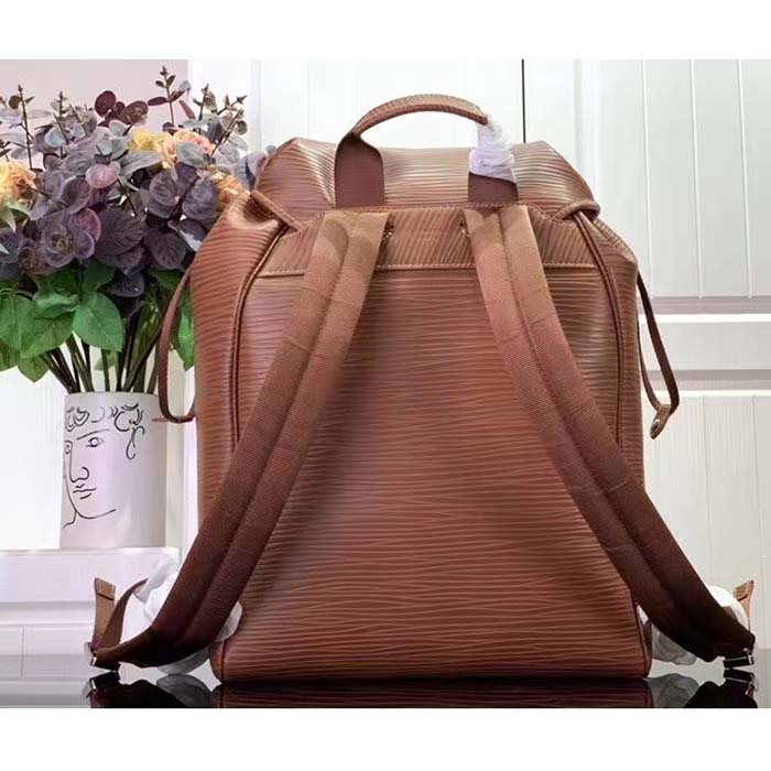 Louis Vuitton LV Unisex Montsouris Backpack Cognac Calf Leather Drawstring Magnetic Closure Handle