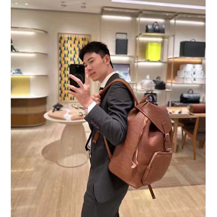 Louis Vuitton LV Unisex Montsouris Backpack Cognac Calf Leather Drawstring Magnetic Closure Handle