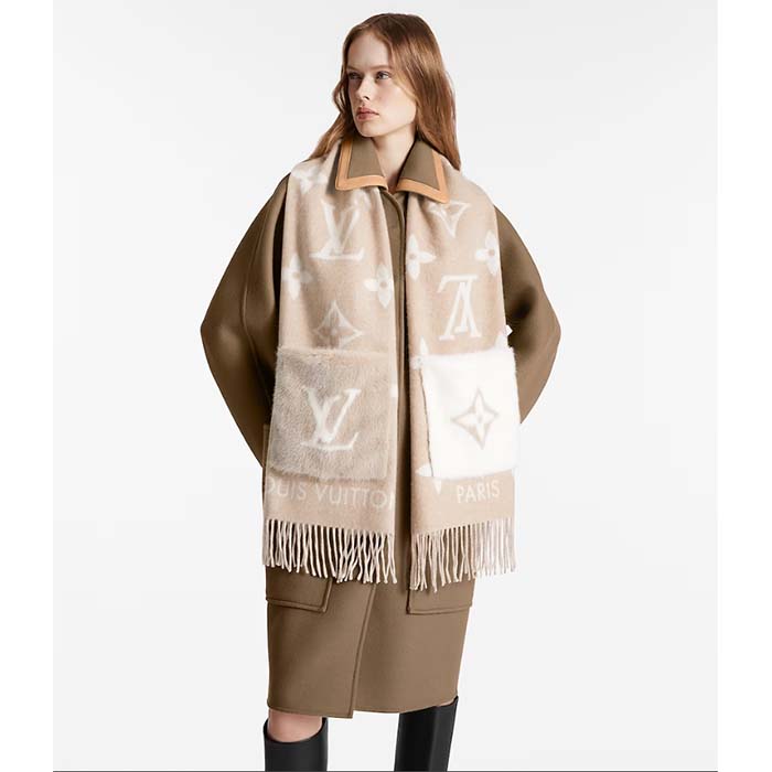 Louis Vuitton Unisex Cold Reykjavik Scarf Cashmere Mink Fur Beige Jacquard LV Initials Monogram Flowers