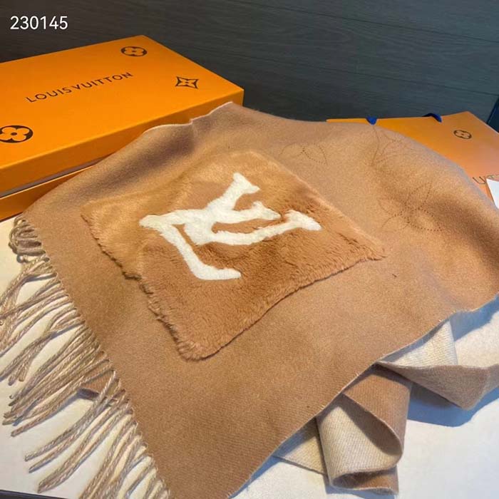 Louis Vuitton Unisex LV Cosy Mink Fur Collection Scarf Cashmere Beige Jacquard Initials Monogram Flowers