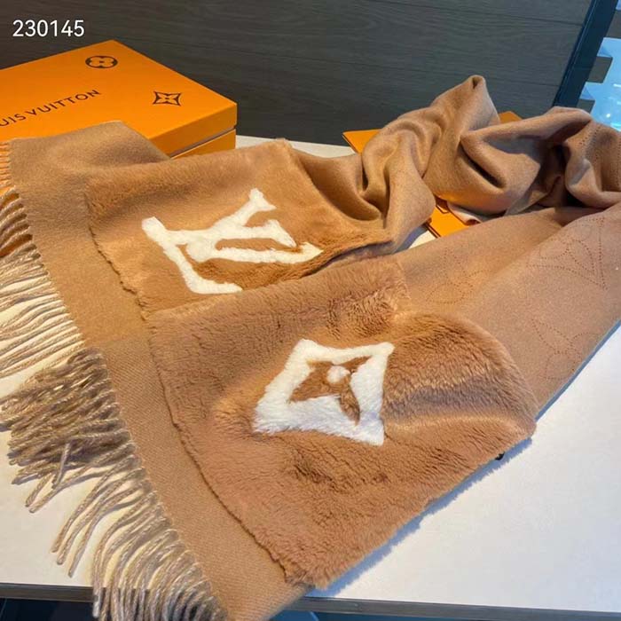 Louis Vuitton Unisex LV Cosy Mink Fur Collection Scarf Cashmere Beige Jacquard Initials Monogram Flowers