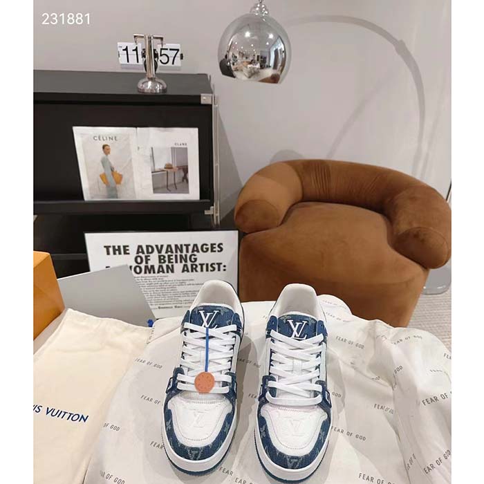 Louis Vuitton Unisex LV Trainer Sneaker Blue Monogram Denim Monogram-Embossed Grained Calf Leather