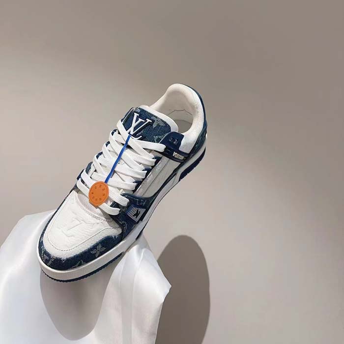 Louis Vuitton Unisex LV Trainer Sneaker Blue Monogram Denim Monogram-Embossed Grained Calf Leather