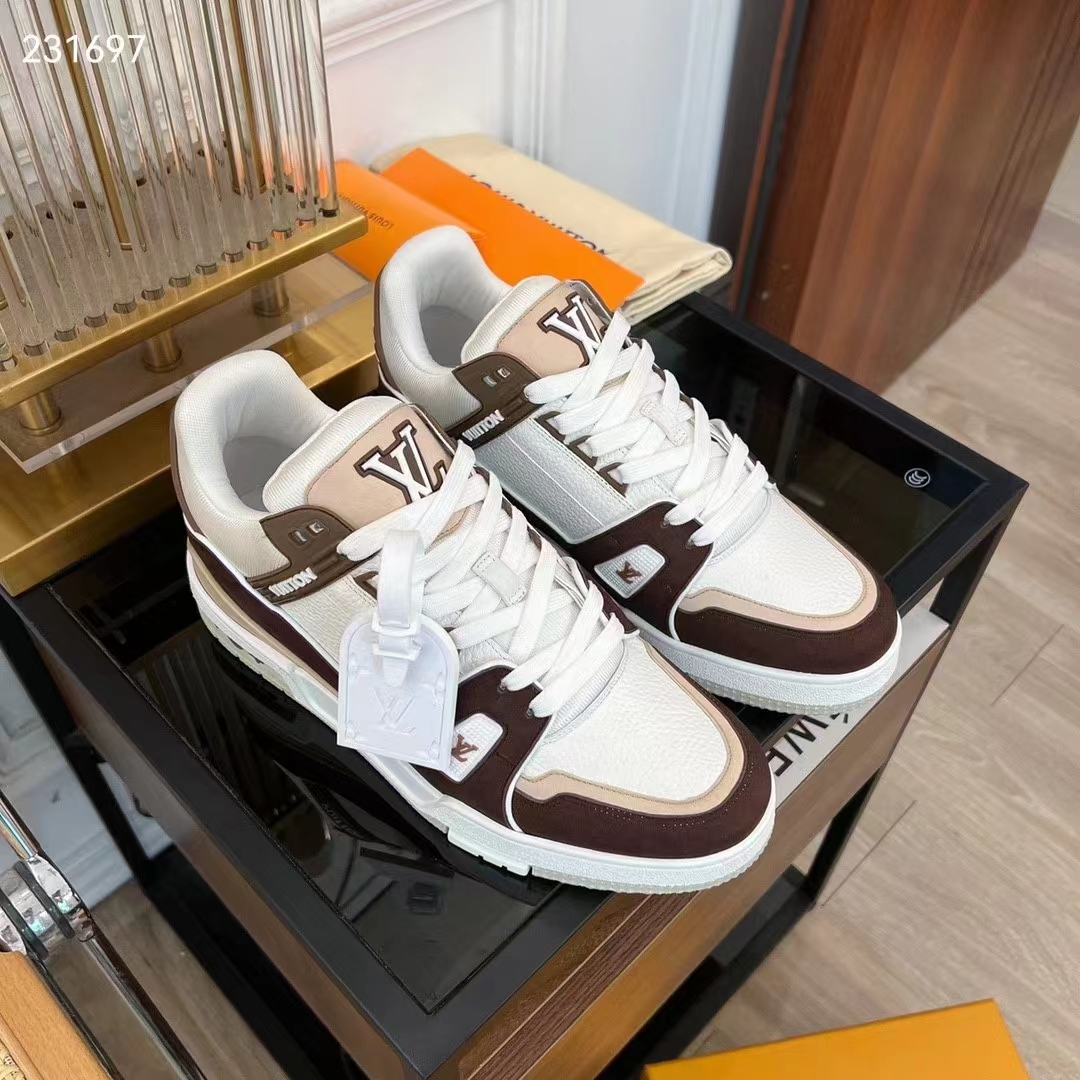 Louis Vuitton Unisex LV Trainer Sneaker Moka Brown Nubuck Calf Leather Grained Calf Leather