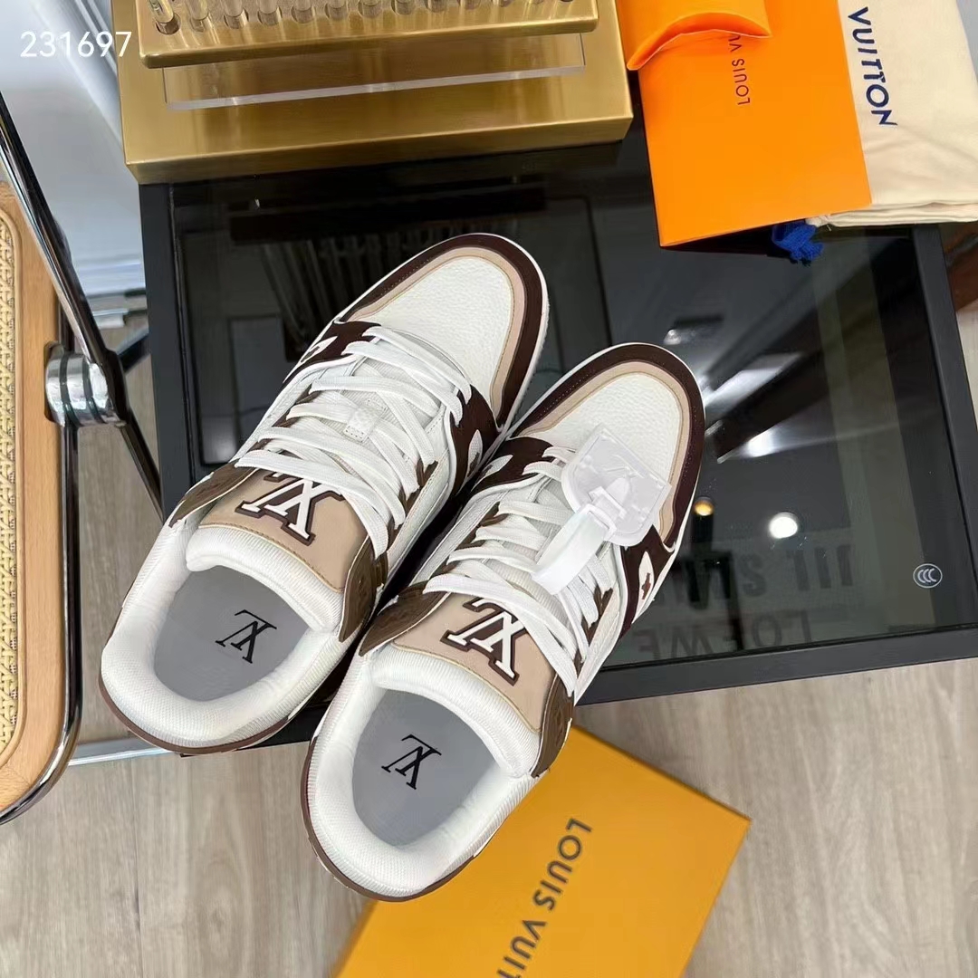 Louis Vuitton Unisex LV Trainer Sneaker Moka Brown Nubuck Calf Leather Grained Calf Leather