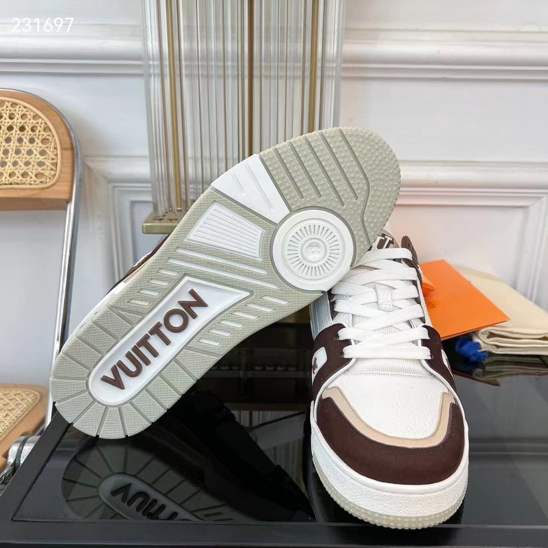 Louis Vuitton Unisex LV Trainer Sneaker Moka Brown Nubuck Calf Leather Grained Calf Leather
