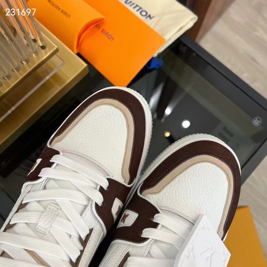 Louis Vuitton Unisex LV Trainer Sneaker Moka Brown Nubuck Calf Leather Grained Calf Leather