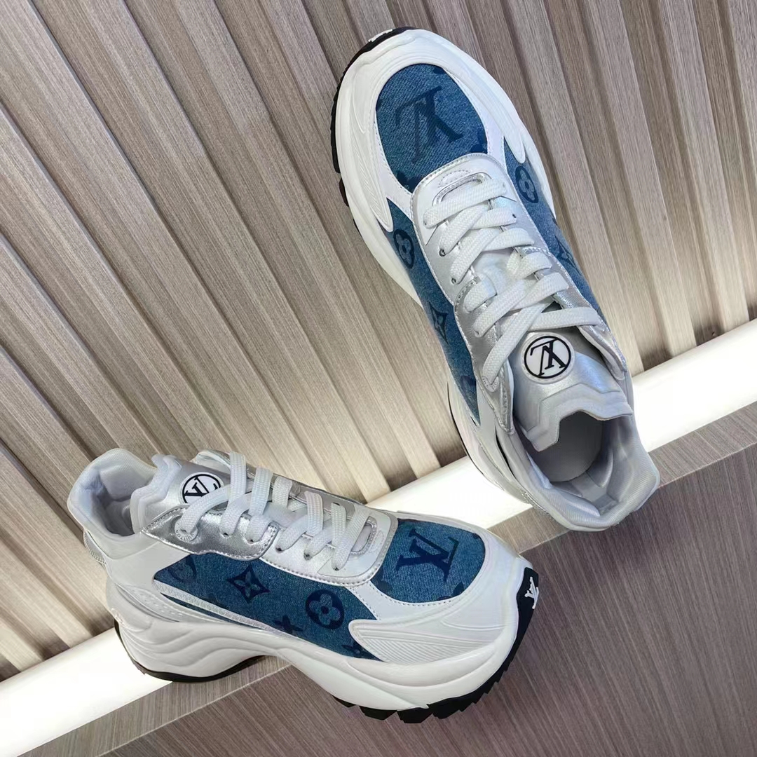 Louis Vuitton Unisex Run 55 Sneaker Denim Blue Monogram Flowers Lifted Rubber LV Circle Initials