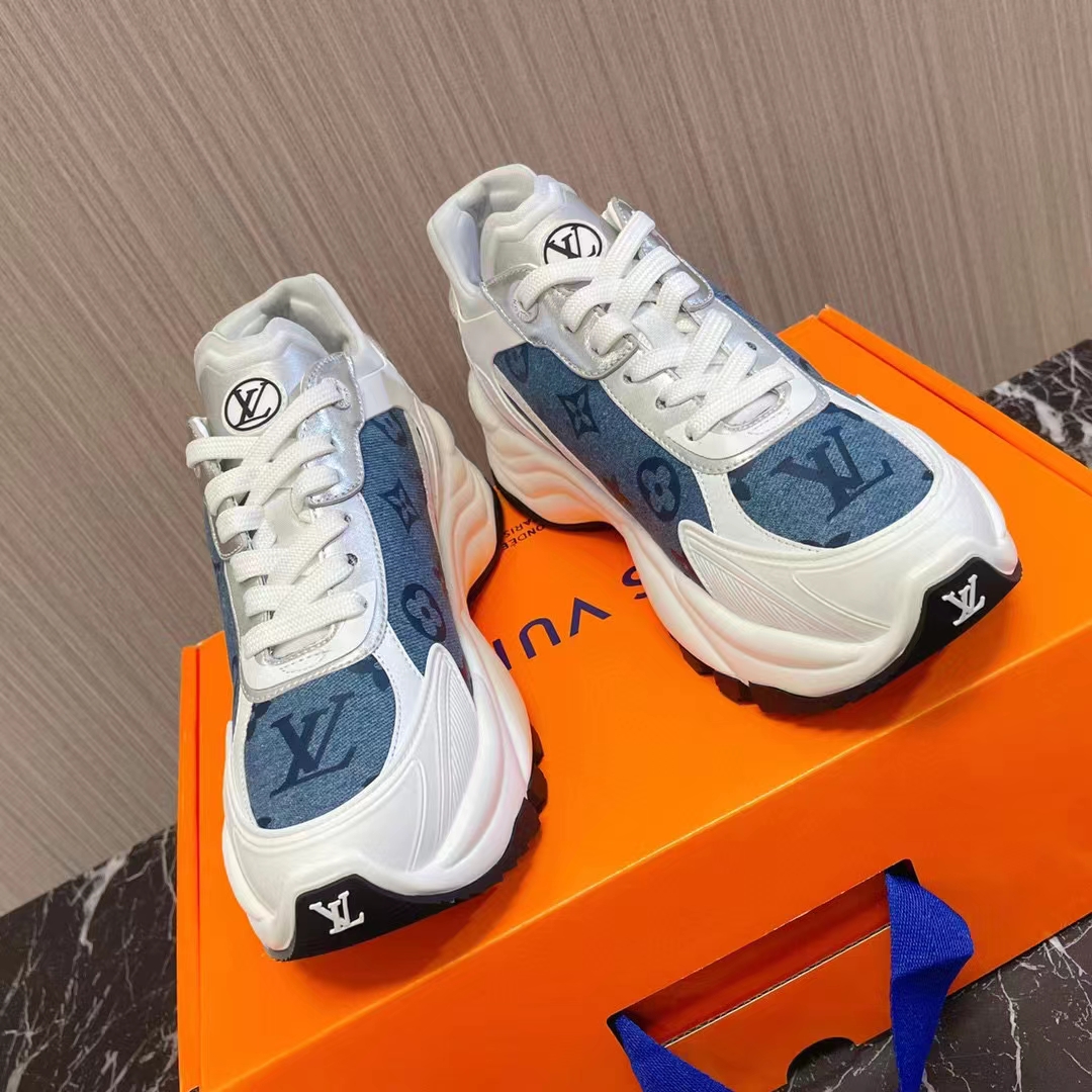 Louis Vuitton Unisex Run 55 Sneaker Denim Blue Monogram Flowers Lifted Rubber LV Circle Initials