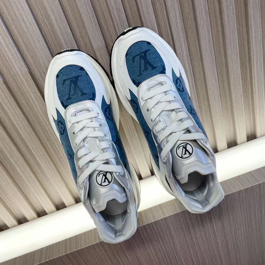 Louis Vuitton Unisex Run 55 Sneaker Denim Blue Monogram Flowers Lifted Rubber LV Circle Initials