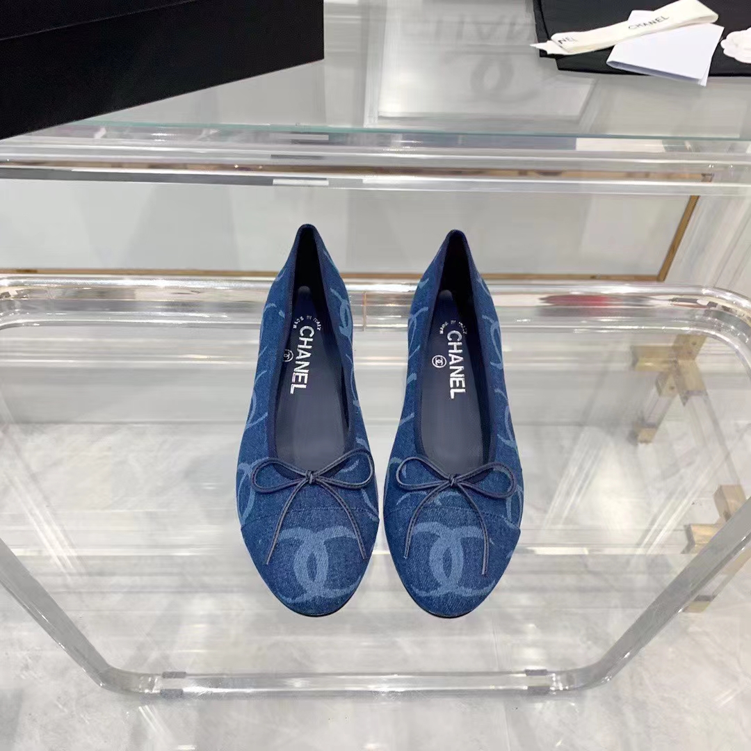 Chanel Women CC Ballet Flats Printed Denim Dark Blue White