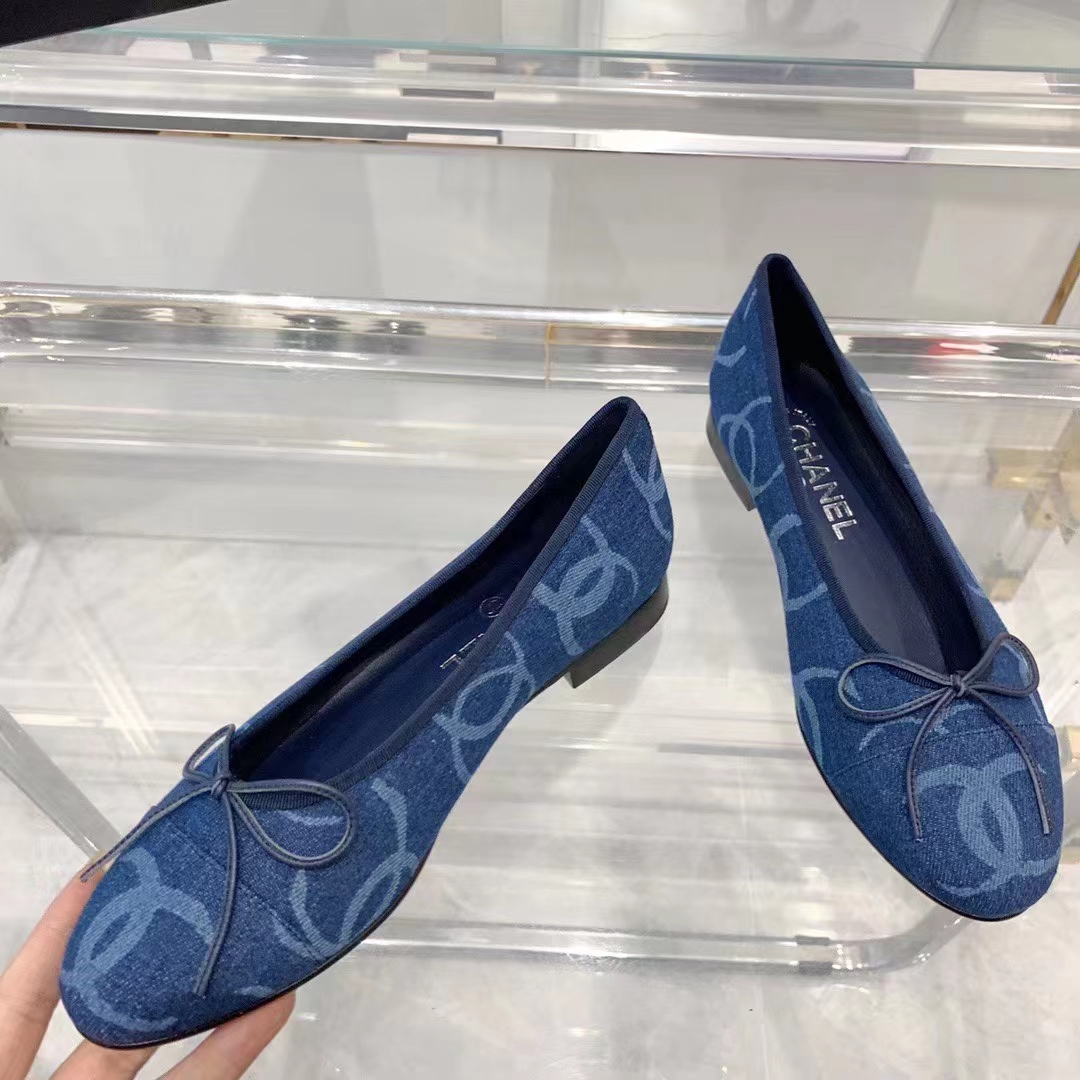 Chanel Women CC Ballet Flats Printed Denim Dark Blue White