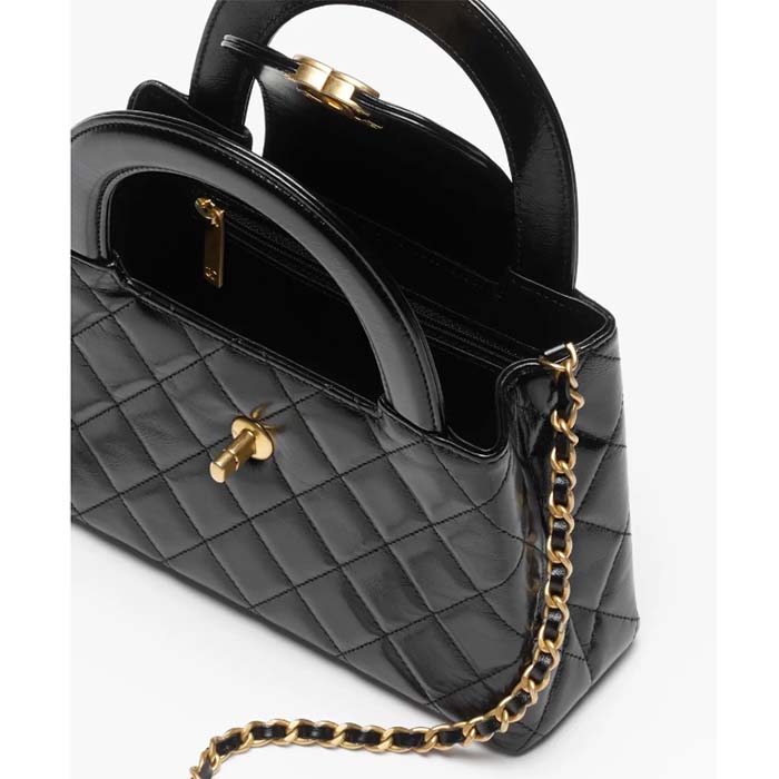 Chanel Women CC Mini Shopping Bag Shiny Aged Calfskin Gold-Tone Metal Black