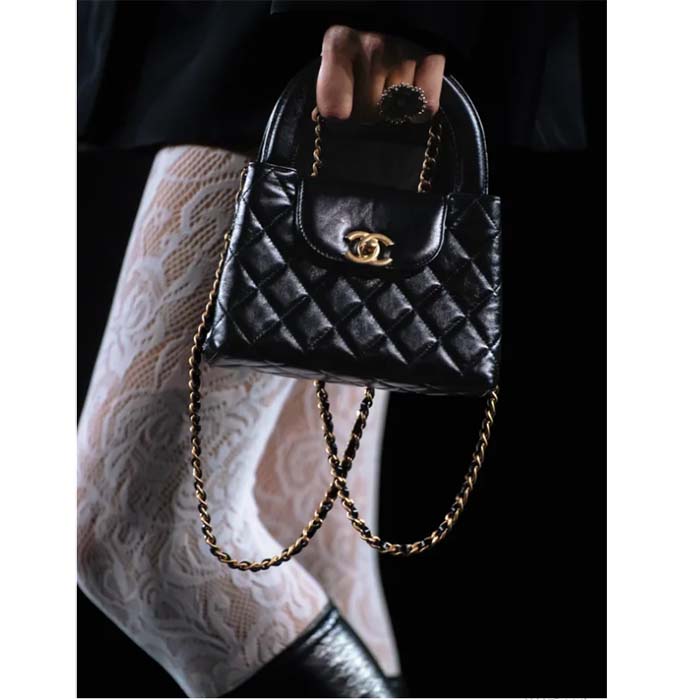 Chanel Women CC Mini Shopping Bag Shiny Aged Calfskin Gold-Tone Metal Black