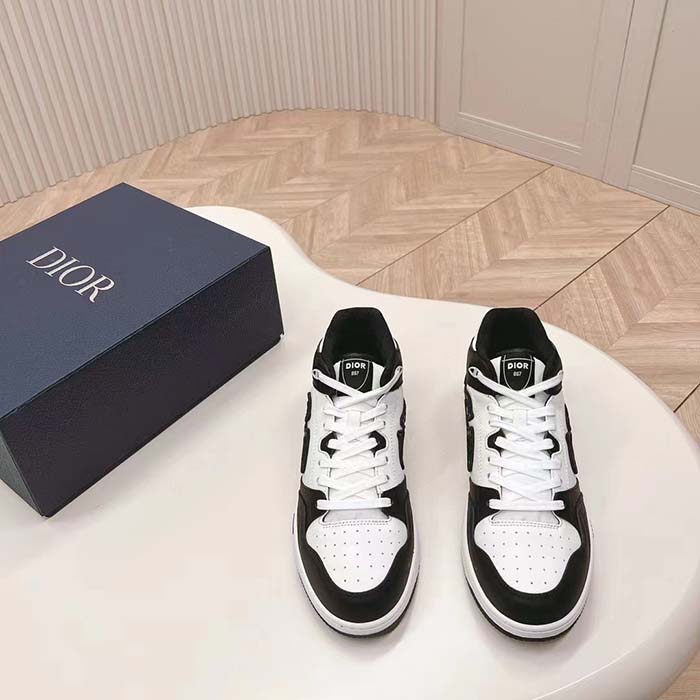 Dior Unisex CD B57 Mid-Top Sneaker Black White Smooth Calfskin Beige Black Oblique Jacquard