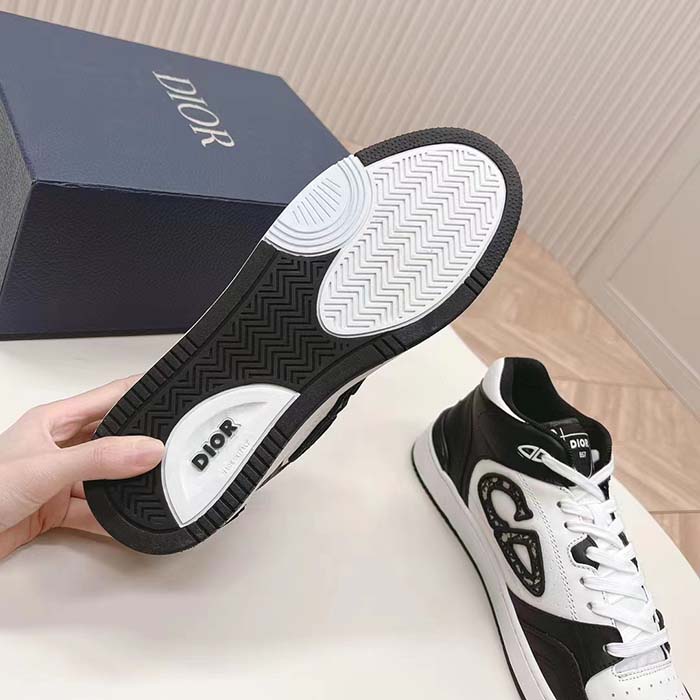Dior Unisex CD B57 Mid-Top Sneaker Black White Smooth Calfskin Beige Black Oblique Jacquard