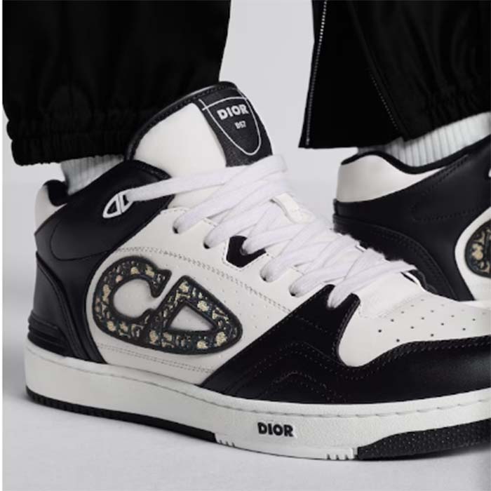 Dior Unisex CD B57 Mid-Top Sneaker Black White Smooth Calfskin Beige Black Oblique Jacquard