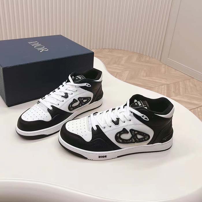 Dior Unisex CD B57 Mid-Top Sneaker Black White Smooth Calfskin Beige Black Oblique Jacquard