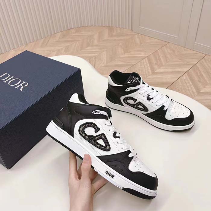 Dior Unisex CD B57 Mid-Top Sneaker Black White Smooth Calfskin Beige Black Oblique Jacquard
