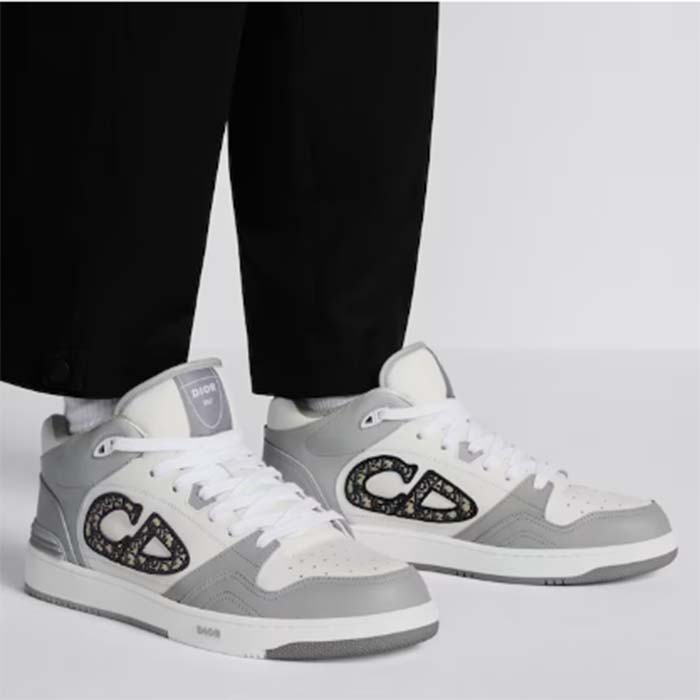 Dior Unisex CD B57 Mid-Top Sneaker Gray White Smooth Calfskin Beige Black Oblique Jacquard