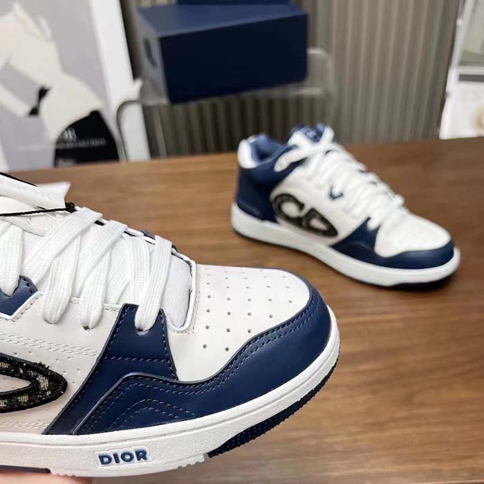 Dior Unisex CD B57 Mid-Top Sneaker Navy White Smooth Calfskin Beige Black Oblique Jacquard
