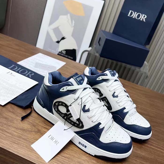 Dior Unisex CD B57 Mid-Top Sneaker Navy White Smooth Calfskin Beige Black Oblique Jacquard
