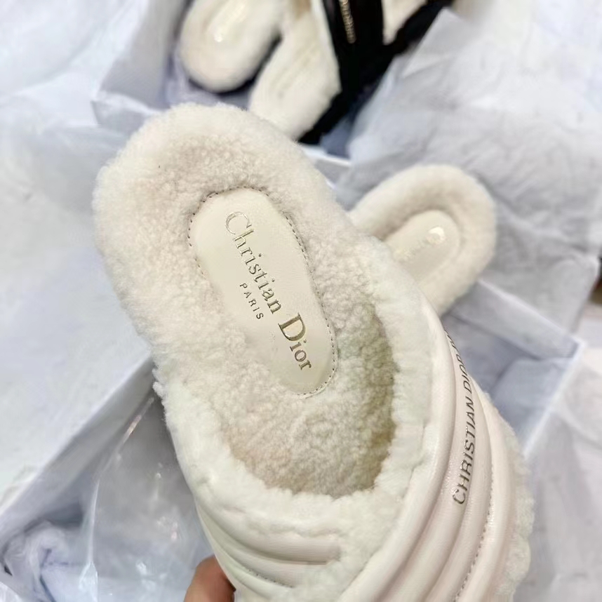 Dior Unisex CD D-Cross Slide Powder Beige Lambskin White Shearling