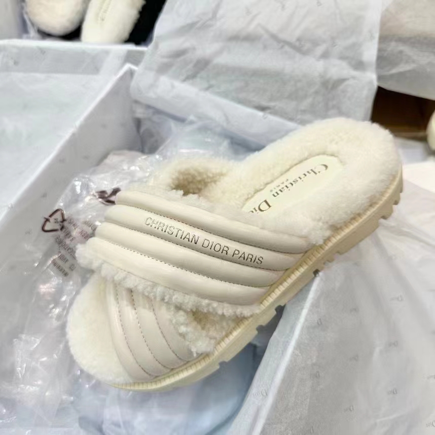 Dior Unisex CD D-Cross Slide Powder Beige Lambskin White Shearling