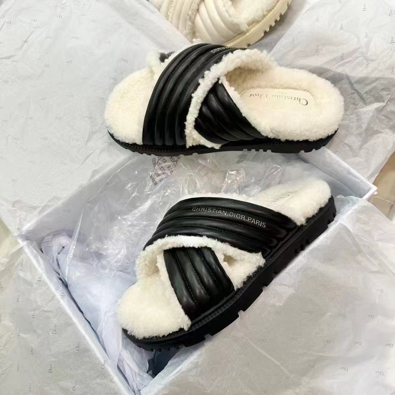 Dior Unisex CD D-Cross Slide Powder Black Lambskin White Shearling