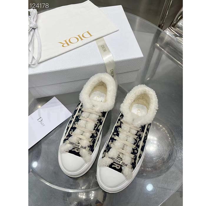 Dior Unisex Shoes CD Walk’N’Dior Platform Sneaker Deep Blue Oblique Embroidered Cotton White Shearling