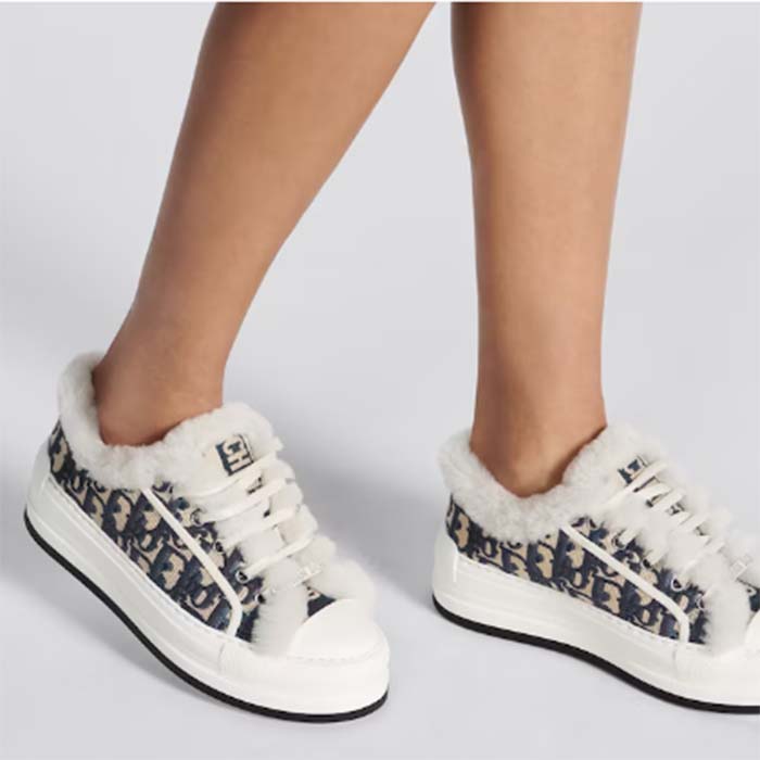 Dior Unisex Shoes CD Walk’N’Dior Platform Sneaker Deep Blue Oblique Embroidered Cotton White Shearling