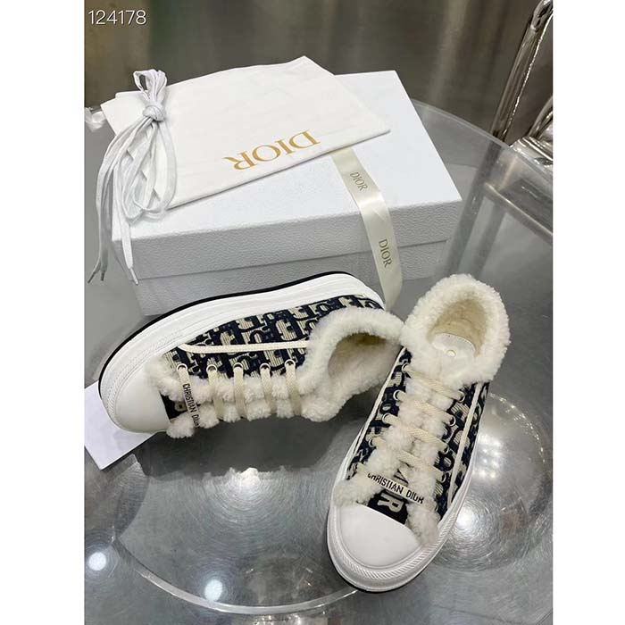 Dior Unisex Shoes CD Walk’N’Dior Platform Sneaker Deep Blue Oblique Embroidered Cotton White Shearling
