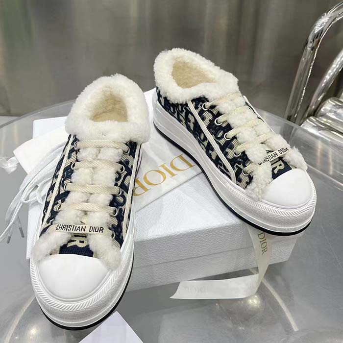 Dior Unisex Shoes CD Walk’N’Dior Platform Sneaker Deep Blue Oblique Embroidered Cotton White Shearling