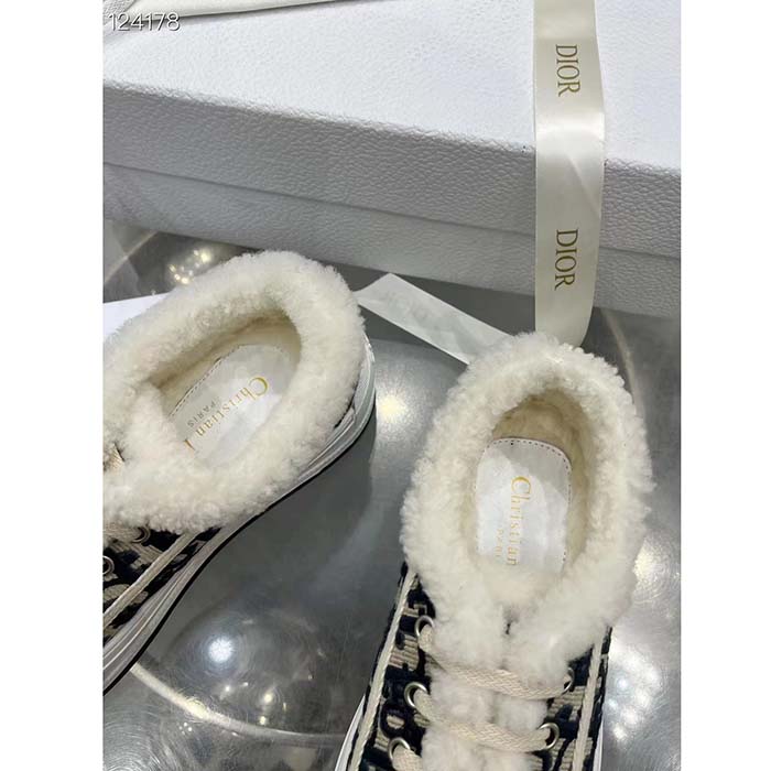 Dior Unisex Shoes CD Walk’N’Dior Platform Sneaker Deep Blue Oblique Embroidered Cotton White Shearling