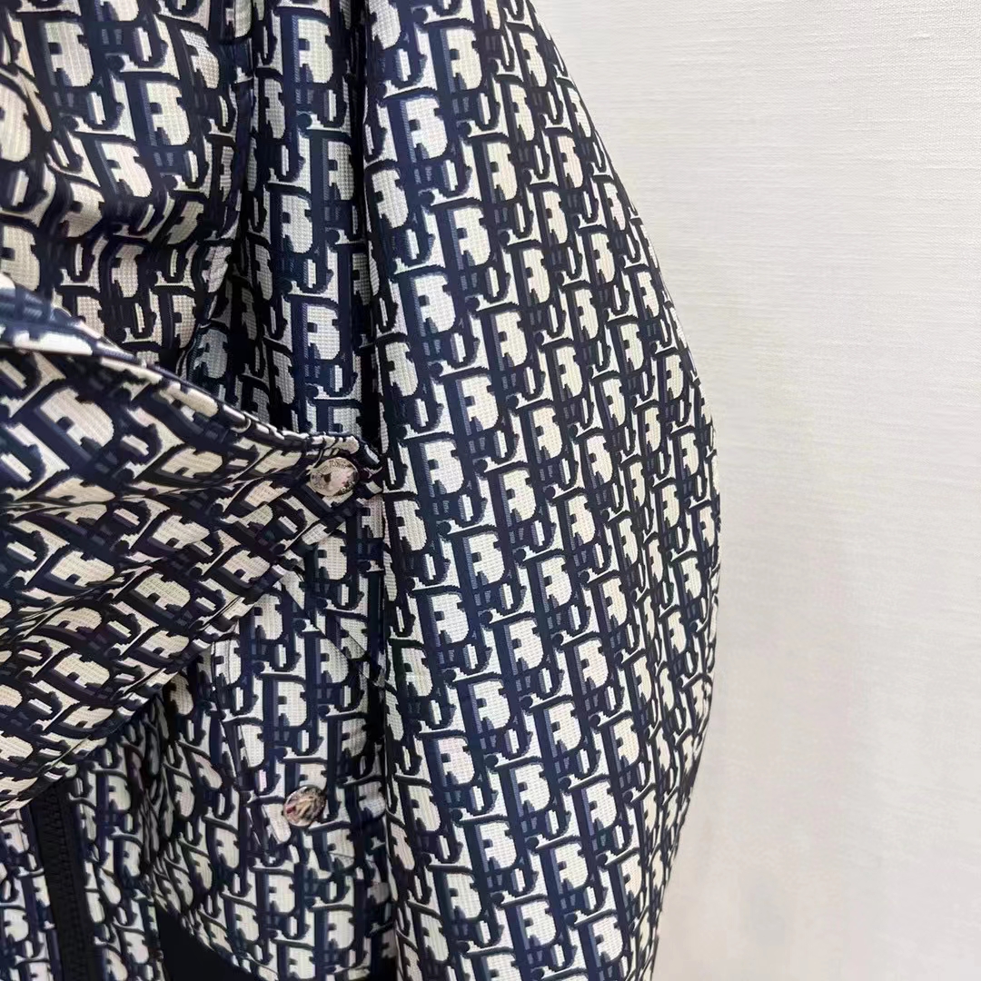 Dior Men CD Bomber Jacket Criss Cross Collar Blue Ecru Technical Taffeta Jacquard Oblique Motif