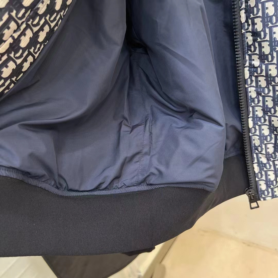 Dior Men CD Bomber Jacket Criss Cross Collar Blue Ecru Technical Taffeta Jacquard Oblique Motif