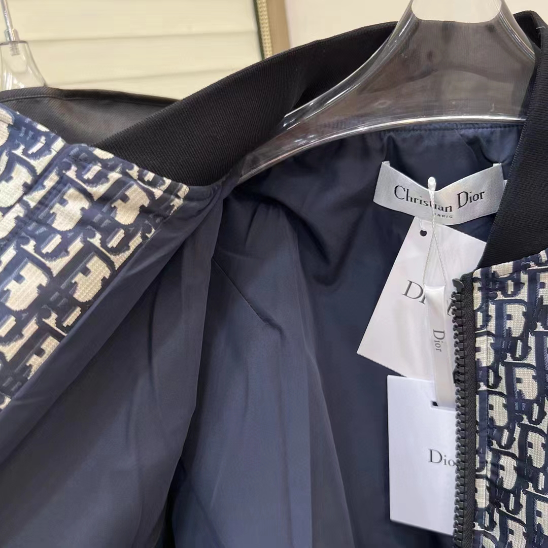 Dior Men CD Bomber Jacket Criss Cross Collar Blue Ecru Technical Taffeta Jacquard Oblique Motif