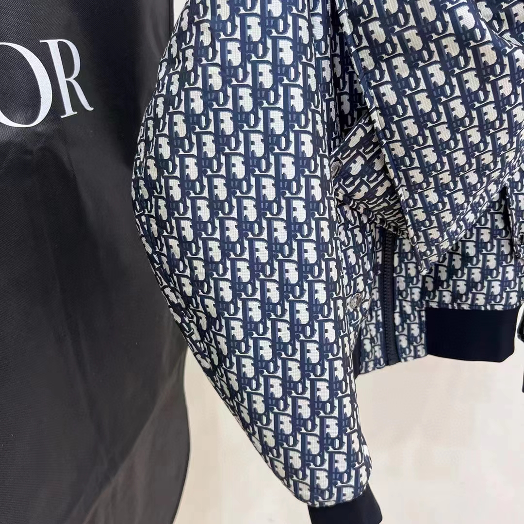 Dior Men CD Bomber Jacket Criss Cross Collar Blue Ecru Technical Taffeta Jacquard Oblique Motif