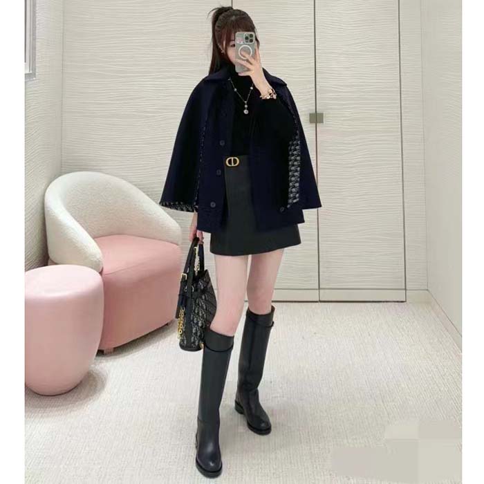 Dior Women CD Cape-Effect Peacoat Navy Blue Double-Sided Virgin Wool Silk Oblique Interior