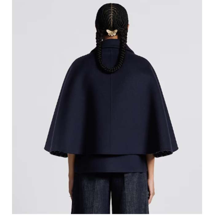 Dior Women CD Cape-Effect Peacoat Navy Blue Double-Sided Virgin Wool Silk Oblique Interior