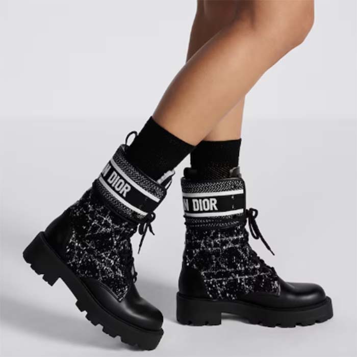 Dior Women CD D-Major Ankle Boot Black Calfskin Black White Cannage Tweed