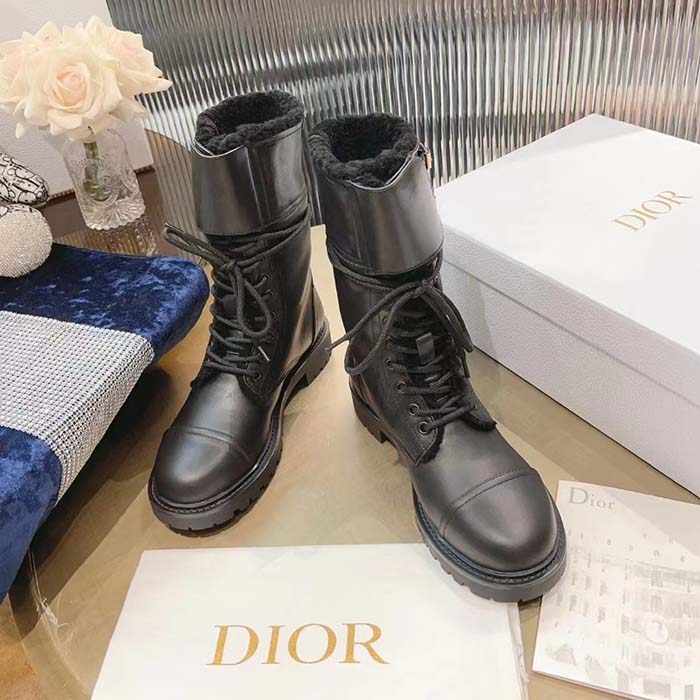 Dior Women CD D-Trap Ankle Boot Black Calfskin Shearling Strap Two Dior Buckles