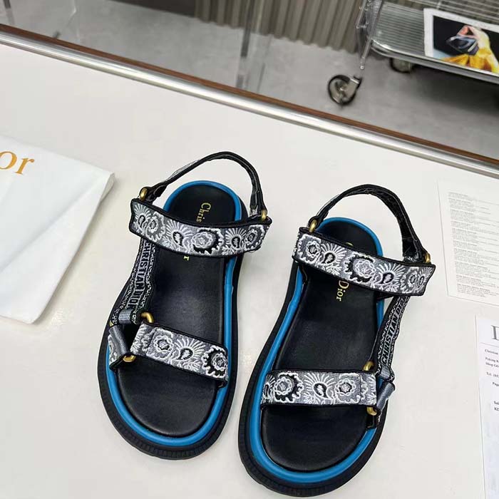 Dior Women CD D-Wave Sandal Denim Blue Multicolor Embroidered Cotton Butterfly Bandana Motif