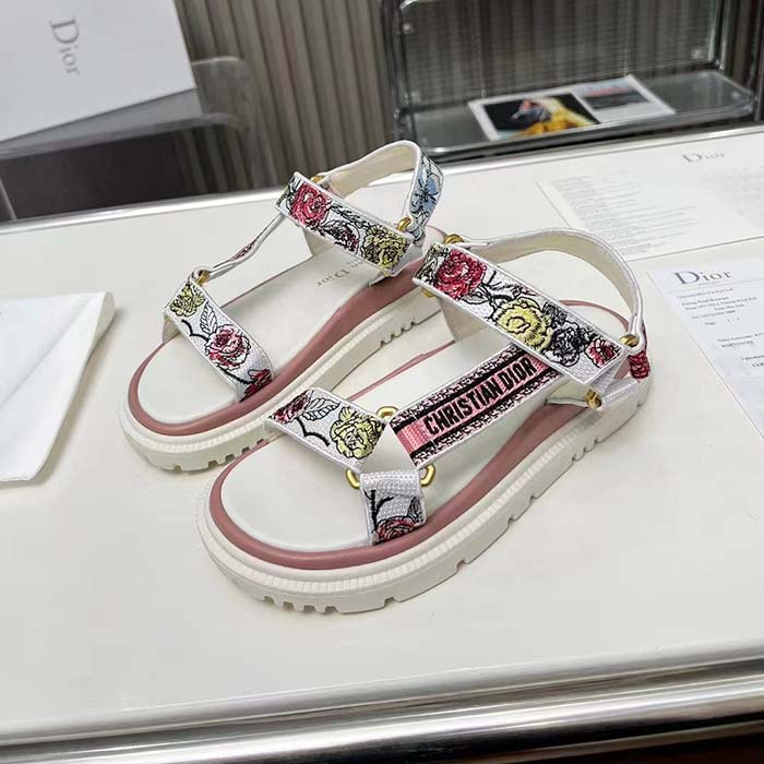 Dior Women CD D-Wave Sandal White Multicolor Florilegio Embroidered Cotton