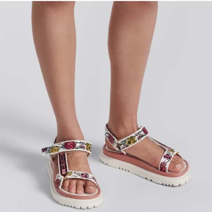 Dior Women CD D-Wave Sandal White Multicolor Florilegio Embroidered Cotton